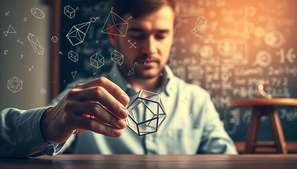 A serene, contemplative study of mathematical thinking. In the foreground, a mathematician's hands gently manipulate a 3D geometric shape, their expression focused and pensive. The middle ground features floating mathematical symbols, formulas, and diagrams, suspended in an ethereal, softly-lit space. In the background, a chalkboard filled with complex equations and theorems, suggesting the depth and richness of the subject. The lighting is warm and subdued, creating a meditative atmosphere that invites the viewer to ponder the beauty and elegance of mathematical reasoning.