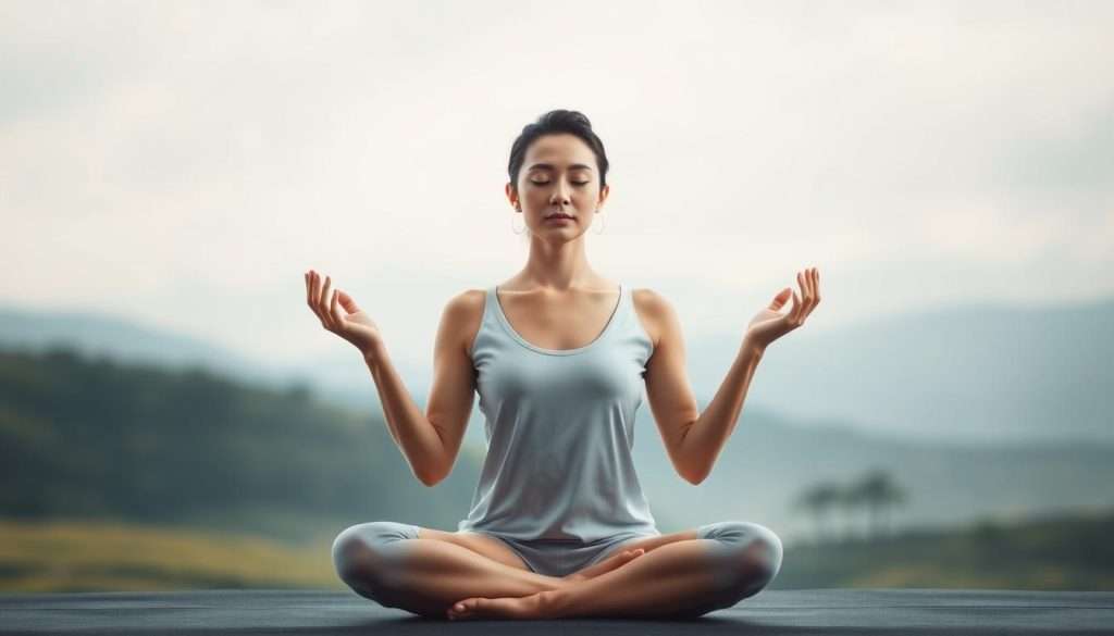 A serene figure in the lotus position, eyes gently closed, palms upturned in a gesture of openness. Soft, diffused lighting illuminates their face, creating a sense of tranquility. The background is a soothing, abstract landscape, with muted hues of blues and greens, evoking a state of inner calm. The composition is balanced, with the subject centered and the background subtly blurred, drawing the viewer's attention to the meditative pose. An aura of stillness and focus permeates the scene, inviting the observer to pause and experience the essence of mindfulness.