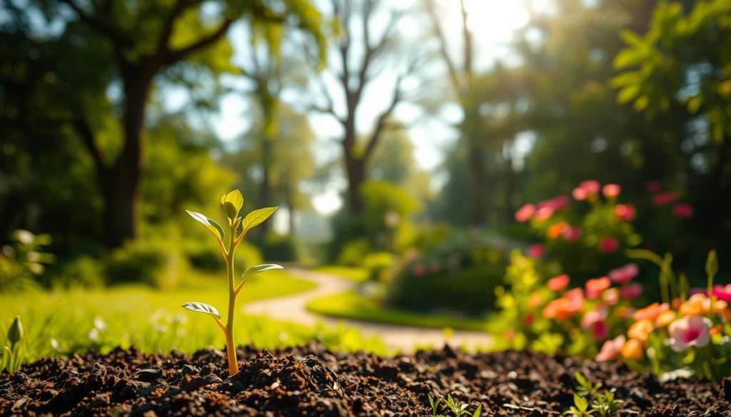 A serene garden scene with a lush, verdant landscape. In the foreground, a young sapling emerges from the soil, its tender leaves unfurling towards the sunlight. The middle ground features a meandering path, symbolizing the journey of personal growth, lined with blooming flowers in vibrant hues. In the background, towering trees reach towards the sky, their sturdy branches representing the potential for continuous expansion and development. The lighting is soft and warm, creating a sense of tranquility and optimism. The overall composition conveys a message of growth, resilience, and the power of a mindset focused on lifelong learning.