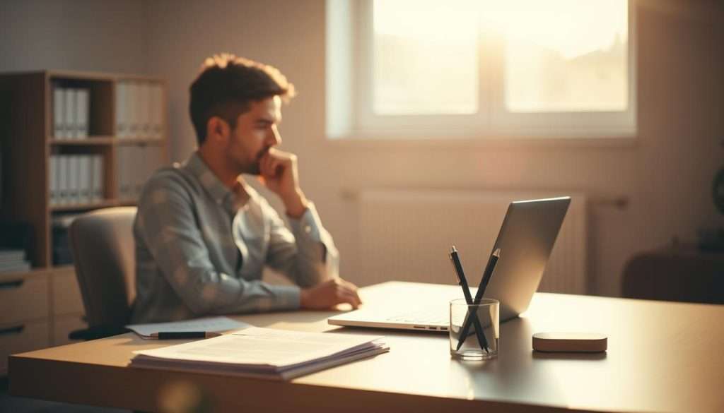 A serene, minimalist office setting with a person sitting at a desk, engaged in deep thought. The scene is bathed in warm, natural lighting from a large window, creating a calming atmosphere. On the desk, there are neatly organized papers, a laptop, and a simple, elegant pen organizer. The person's face is not visible, but their posture and body language suggest a focused, contemplative state. The background is blurred, emphasizing the central act of cognitive unloading - the deliberate process of offloading information and ideas onto external tools and systems, freeing the mind for deeper, more creative thinking.