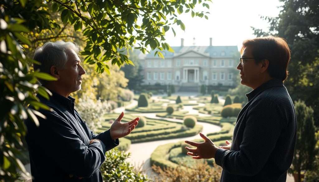 A serene outdoor scene, sunlight filtering through lush foliage. In the foreground, two individuals engaged in a thoughtful discussion, gesturing animatedly as they share insights. The middle ground reveals a tranquil garden setting, with winding paths and carefully curated flora. In the background, a stately, historical building stands as a symbol of knowledge and wisdom. The atmosphere conveys a sense of contemplation and the exchange of expertise, with warm, diffused lighting and a muted color palette evoking a timeless, reflective mood.