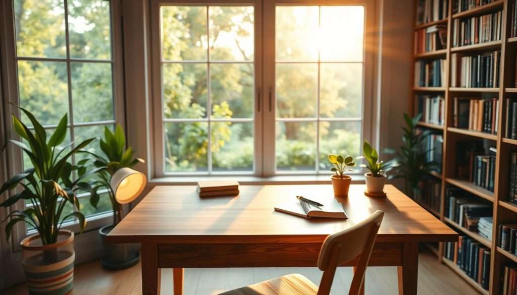 A serene study area with a large window overlooking a lush garden. Warm natural lighting filters through, casting a soft glow on a simple wooden desk and chair. On the desk, a notebook, a pen, and a small plant symbolize the tools for cultivating self-discipline. The background features bookshelves filled with knowledge, representing the rewards of consistent effort. The overall atmosphere is one of tranquility and focus, inspiring the viewer to embrace the micro-habits that build lasting change.