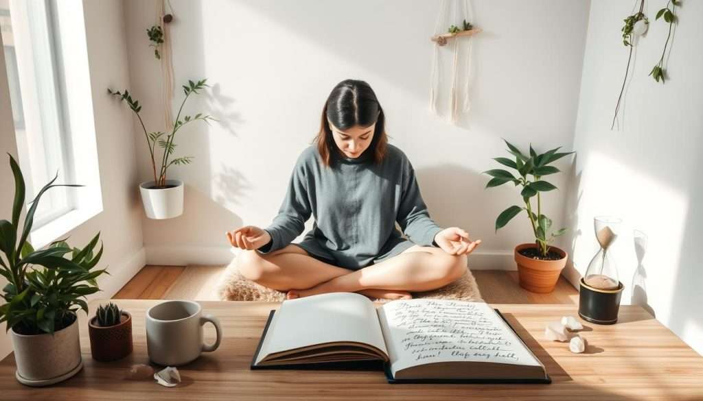 A serene study space bathed in soft, natural lighting. A person sits cross-legged on a plush meditation cushion, intently focused on a open book. Surrounding them, potted plants and a scattering of crystals create a calming, contemplative atmosphere. The desk is minimal, with only a few essential items - a ceramic mug, a small hourglass timer, and a journal with a flowing script penned across the pages. The walls are adorned with delicate plant wall hangings, casting gentle shadows. An aura of mindfulness and deep learning permeates the scene.