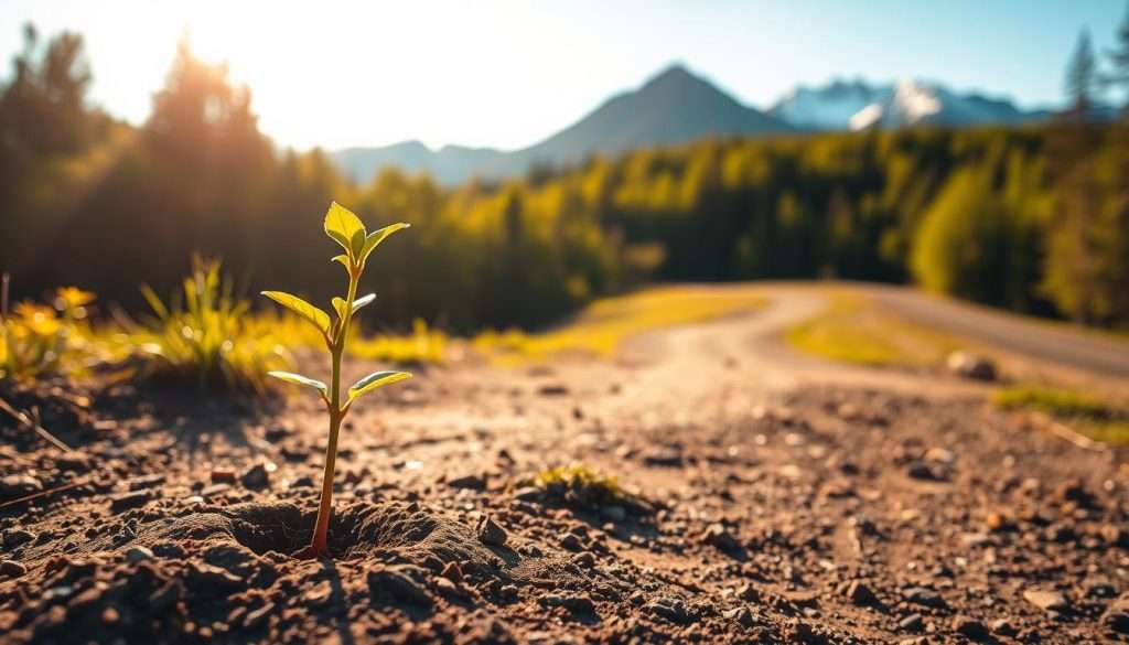 A serene, sunlit landscape with a winding path leading into the distance. In the foreground, a sapling growing from a crack in the earth, its tender leaves unfurling towards the sky, symbolizing personal growth and the potential within. The middle ground features a lush, verdant forest, its canopy filtering the warm, golden light, creating a sense of tranquility and renewal. In the background, a majestic mountain range, its peaks capped with snow, represents the challenges and obstacles to be overcome on the journey of self-improvement. The overall composition conveys a sense of balance, harmony, and the steady, incremental progress that leads to profound transformation. A serene, sunlit landscape with a winding path leading into the distance. In the foreground, a sapling growing from a crack in the earth, its tender leaves unfurling towards the sky, symbolizing personal growth and the potential within. The middle ground features a lush, verdant forest, its canopy filtering the warm, golden light, creating a sense of tranquility and renewal. In the background, a majestic mountain range, its peaks capped with snow, represents the challenges and obstacles to be overcome on the journey of self-improvement. The overall composition conveys a sense of balance, harmony, and the steady, incremental progress that leads to profound transformation.