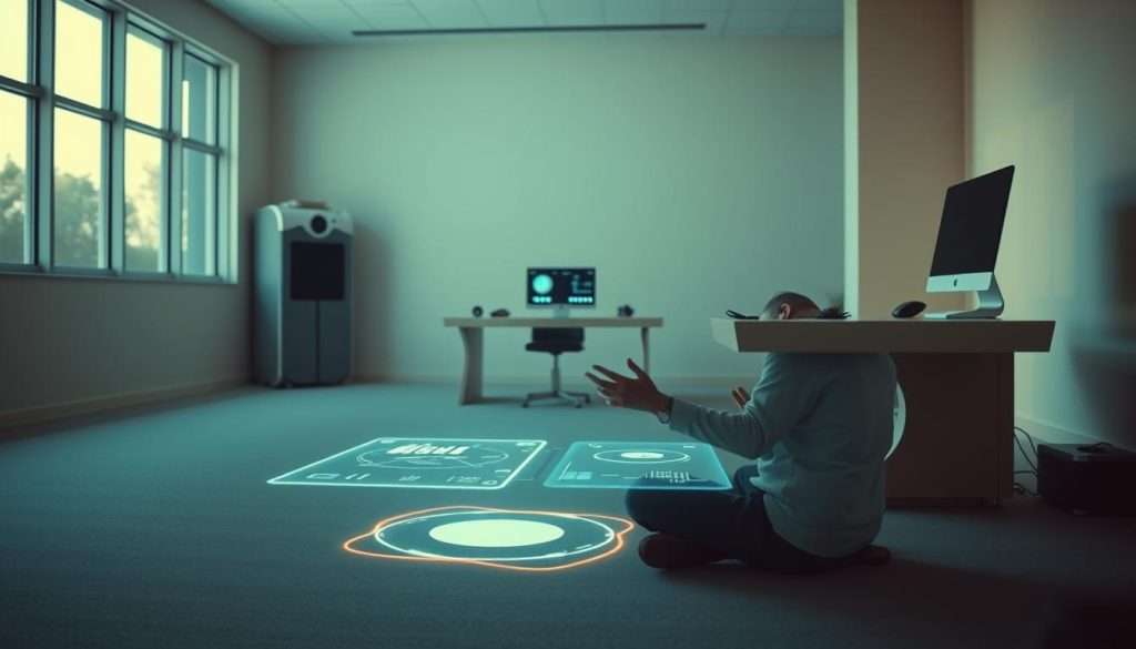 A serene, tech-infused learning journey unfolds before the viewer. In the foreground, a person sits cross-legged, immersed in a holographic display, hands gesturing intuitively to manipulate data. Mid-ground, a sleek, futuristic workstation with glowing interfaces and intuitive controls. In the background, a minimalist, well-lit space with large windows, bathing the scene in warm, natural light. The overall mood is one of focus, discovery, and a sense of empowerment through technology-augmented learning. Cinematic lighting and a clean, uncluttered aesthetic evoke a sense of balance and clarity. A serene, tech-infused learning journey unfolds before the viewer. In the foreground, a person sits cross-legged, immersed in a holographic display, hands gesturing intuitively to manipulate data. Mid-ground, a sleek, futuristic workstation with glowing interfaces and intuitive controls. In the background, a minimalist, well-lit space with large windows, bathing the scene in warm, natural light. The overall mood is one of focus, discovery, and a sense of empowerment through technology-augmented learning. Cinematic lighting and a clean, uncluttered aesthetic evoke a sense of balance and clarity.