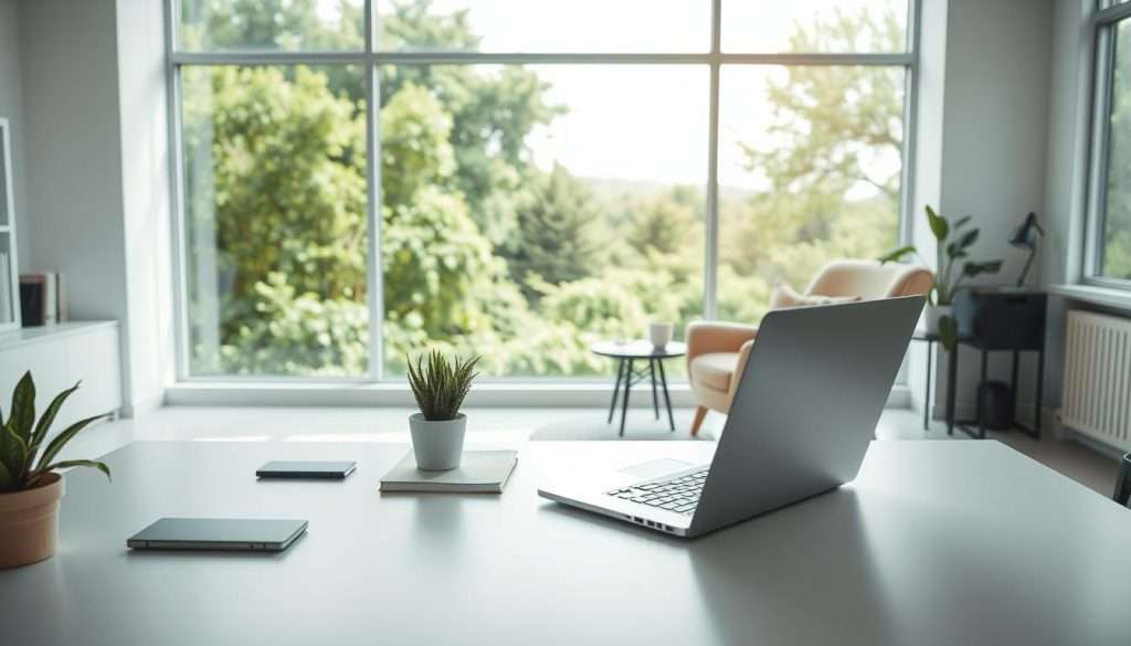 A serene, well-organized workspace flooded with natural light. The foreground features a minimalist, clean-lined desk with a laptop, a plant, and a few essential office supplies arranged neatly. The middle ground showcases a cozy reading nook with a plush armchair and a small side table, inviting relaxation and contemplation. The background depicts large windows overlooking a lush, verdant landscape, creating a tranquil, nature-inspired atmosphere. Soft, diffused lighting casts a warm, productive glow throughout the space. The overall composition conveys a sense of focus, calm, and inspiration - an environment primed for meaningful work and personal growth.