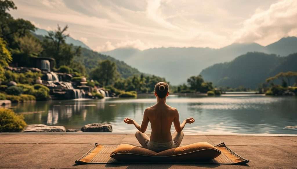A serene zen garden with a tranquil pond, surrounded by lush greenery and cascading waterfalls. In the foreground, a person sits cross-legged on a meditation cushion, eyes closed and hands rested on their lap, radiating an aura of calm and focus. Soft, diffused natural lighting illuminates the scene, creating a warm, soothing atmosphere. The background features a mountainous landscape, with wispy clouds drifting across the sky. The overall composition evokes a sense of mindfulness, inner peace, and stress relief.
