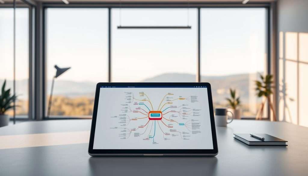 A sleek, modern digital workspace with a central mind mapping software interface. In the foreground, a clean, minimalist display shows a sprawling, colorful mind map with interconnected nodes, lines, and labels. The middle ground features a laptop or tablet displaying the mind mapping app, surrounded by a minimalist, well-lit office setup with subtle accents of wood and metal. The background depicts a serene, natural landscape visible through large windows, creating a sense of balance and inspiration. Soft, directional lighting casts a warm, productive glow over the entire scene, inviting the viewer to dive into the world of digital mind mapping. A sleek, modern digital workspace with a central mind mapping software interface. In the foreground, a clean, minimalist display shows a sprawling, colorful mind map with interconnected nodes, lines, and labels. The middle ground features a laptop or tablet displaying the mind mapping app, surrounded by a minimalist, well-lit office setup with subtle accents of wood and metal. The background depicts a serene, natural landscape visible through large windows, creating a sense of balance and inspiration. Soft, directional lighting casts a warm, productive glow over the entire scene, inviting the viewer to dive into the world of digital mind mapping.