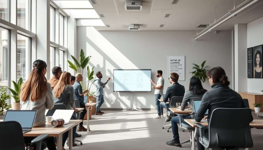 A sleek, modern office interior with large windows allowing natural light to stream in, illuminating a central workspace. In the foreground, a group of people are engaged in a collaborative learning session, using a digital whiteboard and various analogue and digital learning tools. The middle ground features individual desks where learners are deeply focused, some using laptops, others taking notes. In the background, a blend of potted plants, motivational wall art, and ergonomic furniture creates a balanced, inspirational atmosphere conducive to effective learning. Soft, diffused lighting sets a calm, productive mood, while a muted color palette of greys, whites, and natural wood tones evokes a sense of clarity and mindfulness.