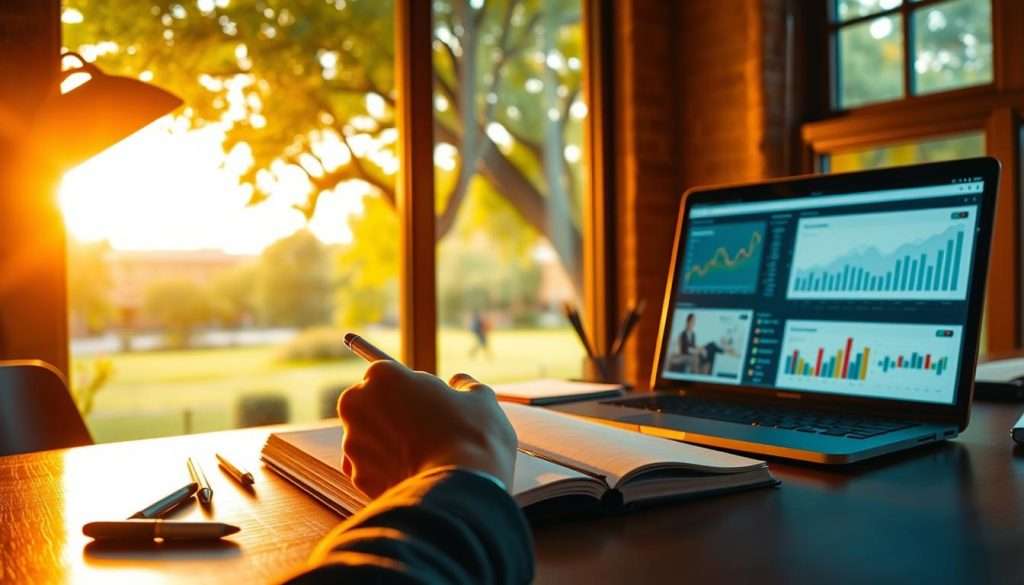 A study nook bathed in warm, focused lighting. On the desk, an open notebook, pens, and a laptop display data visualizations tracking academic progress - graphs, charts, and timelines. In the foreground, a student's hand jots down notes, while in the background, a large window overlooks a lush, verdant campus. The mood is one of diligent focus, with a sense of the student's dedication to unlocking their academic potential, guided by the data-driven insights before them.