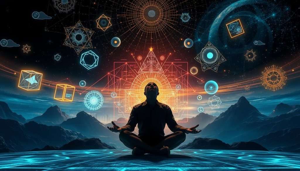 A stunning, photorealistic image of "super memory techniques" in an immersive, surreal landscape. The foreground depicts a person sitting cross-legged, eyes closed, using advanced mnemonic visualization techniques to store and recall vast amounts of information. The middle ground showcases glowing, holographic memory palaces, intricate mind maps, and other memory-enhancing tools. The background features a dreamlike, ethereal environment with floating geometric shapes, pulsing energy fields, and a mesmerizing, kaleidoscopic sky. Dramatic, high-contrast lighting casts dramatic shadows, creating a sense of depth and mystery. The overall mood is one of focus, mental clarity, and the boundless potential of the human mind.