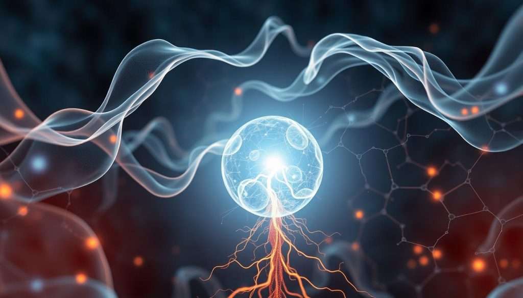A surreal, awe-inspiring scene of the inner workings of the human mind, rendered in a captivating, ethereal style. In the foreground, a glowing orb of pure energy pulsates with the rhythm of deep contemplation, representing the essence of meta-cognition. Surrounding it, delicate, translucent membranes undulate, depicting the intricate layers of self-awareness and reflective thought. In the middle ground, a fluid network of neural pathways and synaptic connections intertwine, visualizing the complex neural processes that underlie our ability to think about our own thinking. The background is bathed in a soft, ambient glow, creating a sense of depth and mystery, inviting the viewer to ponder the profound nature of human consciousness.