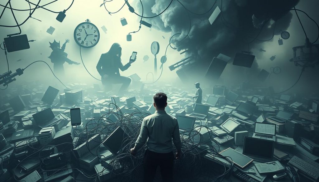 A surreal, dreamlike scene depicting the inner workings of procrastination. In the foreground, a figure is trapped in a tangled web of distractions, represented by various digital devices and cluttered objects. The middle ground reveals a maze of scattered to-do lists and unfinished projects, creating a sense of overwhelming disorganization. In the hazy background, shadowy representations of time, deadlines, and missed opportunities loom ominously, casting a sense of unease and anxiety over the entire composition. Soft, muted lighting casts an introspective, pensive mood, while the distorted, fragmented perspective conveys the disorienting, chaotic nature of procrastination. A surreal, dreamlike scene depicting the inner workings of procrastination. In the foreground, a figure is trapped in a tangled web of distractions, represented by various digital devices and cluttered objects. The middle ground reveals a maze of scattered to-do lists and unfinished projects, creating a sense of overwhelming disorganization. In the hazy background, shadowy representations of time, deadlines, and missed opportunities loom ominously, casting a sense of unease and anxiety over the entire composition. Soft, muted lighting casts an introspective, pensive mood, while the distorted, fragmented perspective conveys the disorienting, chaotic nature of procrastination.