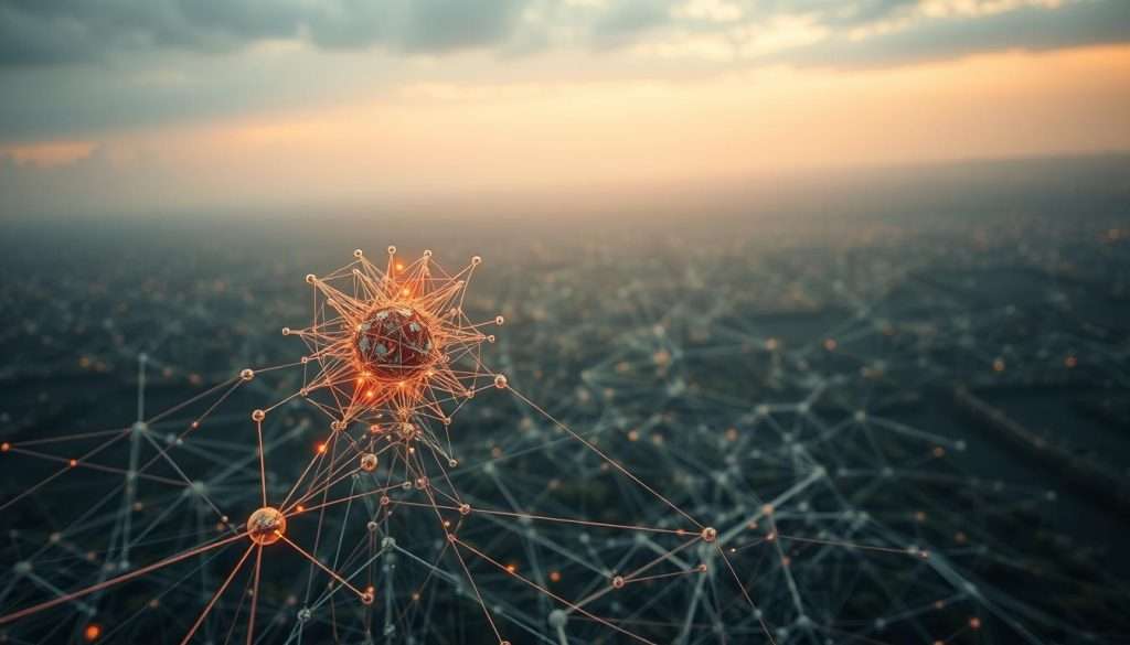 A surreal landscape of interconnected systems, where intricate webs of energy and information flow seamlessly. In the foreground, a central node pulsates with a kaleidoscopic array of lines, tubes, and networks, symbolizing the convergence of diverse elements. The middle ground reveals a vast, organic tapestry of pathways, each thread a vital connection in a complex, ever-evolving ecosystem. In the background, a dreamlike horizon stretches, hinting at the boundless potential of these interconnected systems. Soft, diffused lighting casts a warm, contemplative glow, inviting the viewer to explore the depth and nuance of this captivating visual metaphor.
