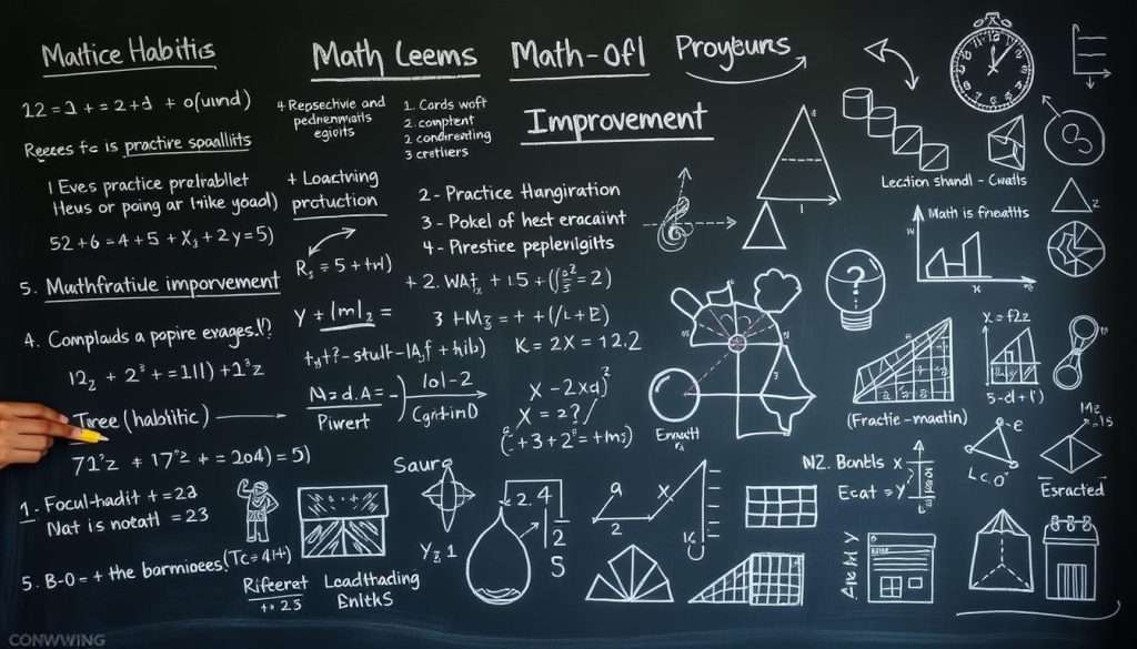 A thoughtful, hand-drawn chalkboard scene depicting a variety of math improvement tips and strategies. The foreground features neatly written equations, formulas, and notes on topics like practice techniques, study habits, and problem-solving methods. The middle ground showcases a variety of shapes, graphs, and visual aids to illustrate mathematical concepts. The background has a soft, warm lighting, with hints of a classroom environment and the faint outlines of a bookshelf or desk, creating a contemplative and educational atmosphere. The overall tone is one of focus, clarity, and a sense of guidance towards mathematical proficiency.