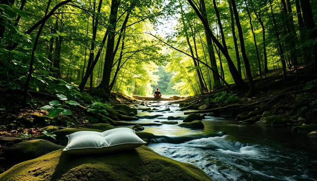 A tranquil forest clearing, bathed in soft, natural light filtering through the verdant canopy above. In the foreground, a serene meditation cushion sits upon a moss-covered rock, inviting the viewer to pause and disconnect from the digital world. The middle ground features a flowing stream, its gentle ripples reflecting the surrounding foliage. In the distance, a silhouetted figure sits cross-legged, their posture conveying a sense of calm and introspection. The overall atmosphere is one of serenity, inviting the viewer to experience a moment of digital detox and mental clarity.