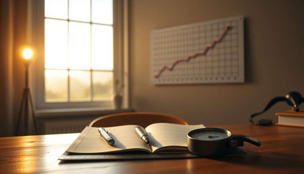 A tranquil workspace with an open notebook, a pen, and a magnifying glass on the table. In the foreground, a ruler and a metronome symbolize the measurement of progress. The middle ground features a progress chart on the wall, displaying a line graph that rises steadily. The background showcases a window overlooking a serene nature scene, bathed in warm, diffused lighting, creating a contemplative atmosphere. The overall composition conveys a sense of focused determination and a commitment to continuous self-improvement.