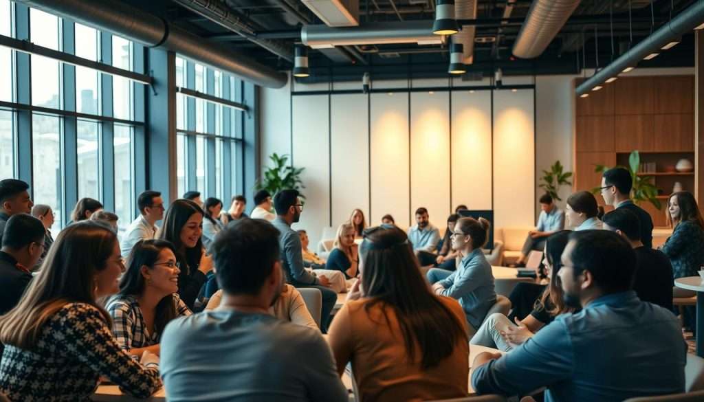 A vibrant, collaborative learning space teeming with diverse individuals engaged in lively discussions. In the foreground, a group of learners gathered around a table, their faces alight with animated exchange. The middle ground reveals a larger circle of people seated on plush cushions, leaning in with rapt attention. In the background, floor-to-ceiling windows bathe the scene in warm, natural light, while sleek, minimalist furniture and tasteful decor create an atmosphere of modern, intellectual sophistication. The overall mood is one of open, intellectual curiosity, with a sense of community and shared discovery.