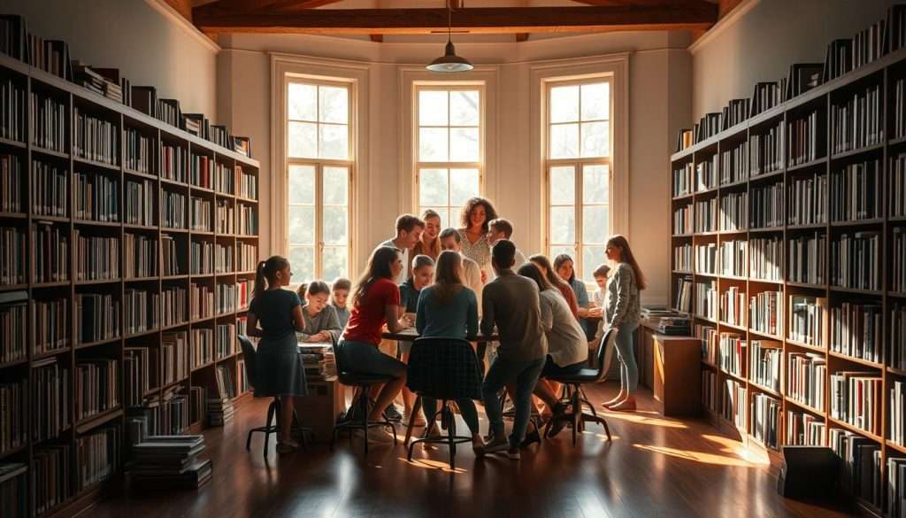 A vibrant community of learners gather in a cozy, sun-dappled study hall. Bookshelves line the walls, their weathered spines casting warm shadows across the polished wood floors. In the center, a group of students huddle around a table, engaged in lively discussion, their faces alight with the joy of discovery. Soft natural light streams in through tall windows, illuminating the collaborative spirit that permeates the space. The room hums with the quiet productivity of minds working in tandem, each individual contributing to the collective learning experience. This is a sanctuary for intellectual growth, where the power of shared knowledge and mutual support propels rapid skill development.