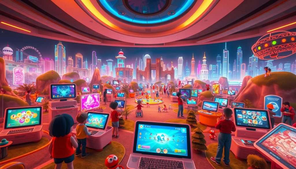 A vibrant digital landscape, showcasing a variety of engaging educational games. In the foreground, colorful characters and interactive interfaces invite the user to explore and learn. The middle ground features various game genres, from puzzle-solving to adventure, all designed to captivate and challenge the player. In the background, a futuristic cityscape with holographic displays and neon-lit skylines sets the stage for a cutting-edge learning experience. Warm, diffused lighting creates a welcoming atmosphere, while a wide-angle lens captures the depth and dynamism of this innovative educational ecosystem. The overall mood is one of excitement, discovery, and the boundless potential of technology-enhanced learning.