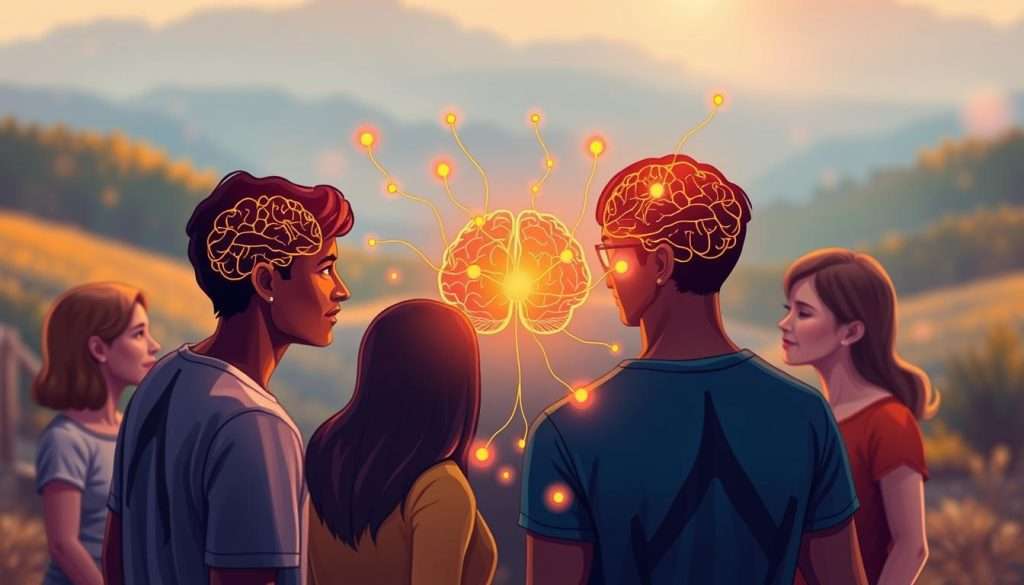 A vibrant, richly detailed illustration depicting the relationship between social connections and brain health. In the foreground, a group of diverse individuals interacting, their brains illuminated with a warm, golden glow, symbolizing the neural pathways activated by social engagement. In the middle ground, a neural network of synaptic connections, pulsing with energy, weaving between the figures. In the background, a softly blurred landscape, hinting at the broader context of a healthy, thriving community. The lighting is soft and natural, creating a sense of harmony and well-being. The composition is balanced, with the human figures and the neural network elements complementing each other seamlessly, conveying the intricate, symbiotic relationship between social bonds and cognitive function.