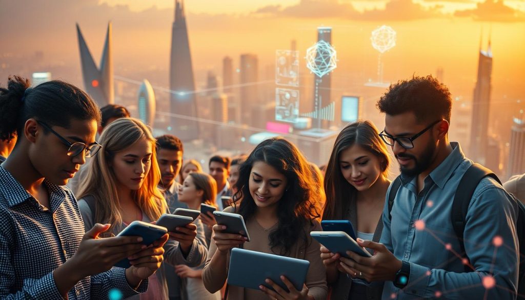 A visually compelling landscape showcasing the transformative power of AI-powered learning. In the foreground, a group of diverse individuals intently focused on their digital devices, their expressions brimming with a sense of discovery and accomplishment. In the middle ground, abstract data visualizations and holographic interfaces dance and interact, a testament to the seamless integration of AI into the learning process. The background is dominated by a futuristic cityscape, its sleek, ultramodern architecture and pulsing neon lights evoking a sense of technological advancement. The overall scene is bathed in a warm, golden glow, creating an atmosphere of warmth, optimism, and boundless potential. Crisp, high-resolution photographic quality, cinematic 35mm lens, and dramatic, dynamic lighting. A visually compelling landscape showcasing the transformative power of AI-powered learning. In the foreground, a group of diverse individuals intently focused on their digital devices, their expressions brimming with a sense of discovery and accomplishment. In the middle ground, abstract data visualizations and holographic interfaces dance and interact, a testament to the seamless integration of AI into the learning process. The background is dominated by a futuristic cityscape, its sleek, ultramodern architecture and pulsing neon lights evoking a sense of technological advancement. The overall scene is bathed in a warm, golden glow, creating an atmosphere of warmth, optimism, and boundless potential. Crisp, high-resolution photographic quality, cinematic 35mm lens, and dramatic, dynamic lighting.