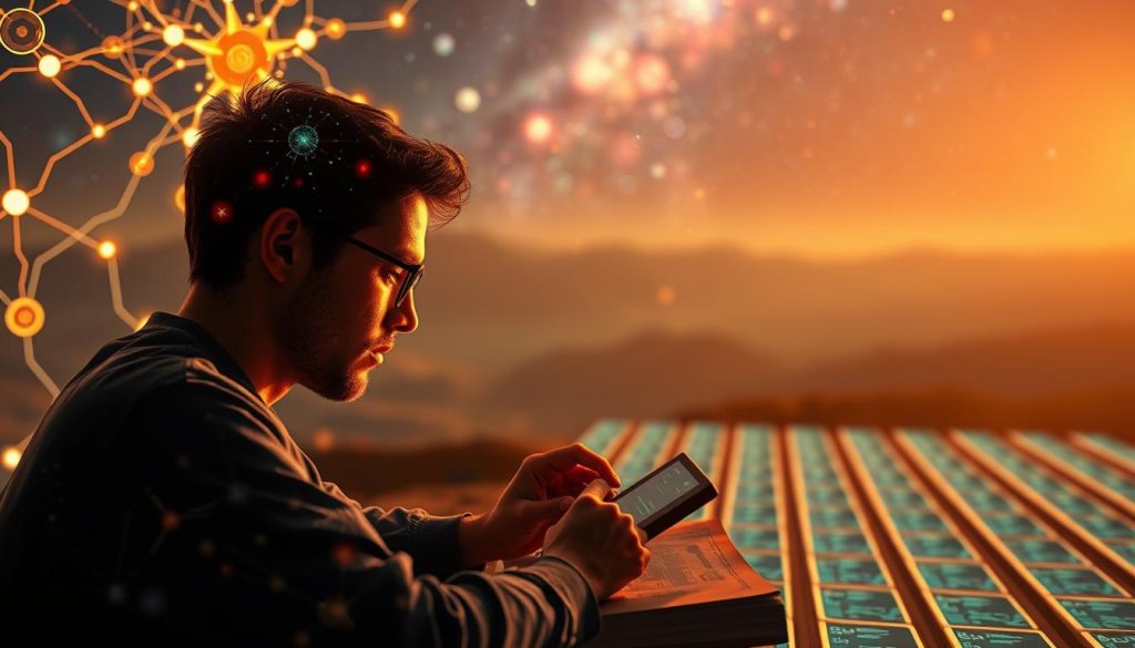 A visually striking digital illustration depicting AI-assisted spaced repetition. In the foreground, a human learner is engaged in focused study, surrounded by glowing neural networks and AI-powered learning tools. The middle ground features a rhythmic pattern of flashcards, representing the core mechanics of spaced repetition. In the background, a vast, cosmic landscape symbolizes the expansive potential of AI-enhanced learning. Warm lighting creates an atmosphere of concentration and discovery, with strategic depth-of-field blurring to draw the viewer's attention. The overall composition conveys the synergy between human cognition and artificial intelligence, powering an efficient and immersive learning experience. A visually striking digital illustration depicting AI-assisted spaced repetition. In the foreground, a human learner is engaged in focused study, surrounded by glowing neural networks and AI-powered learning tools. The middle ground features a rhythmic pattern of flashcards, representing the core mechanics of spaced repetition. In the background, a vast, cosmic landscape symbolizes the expansive potential of AI-enhanced learning. Warm lighting creates an atmosphere of concentration and discovery, with strategic depth-of-field blurring to draw the viewer's attention. The overall composition conveys the synergy between human cognition and artificial intelligence, powering an efficient and immersive learning experience.