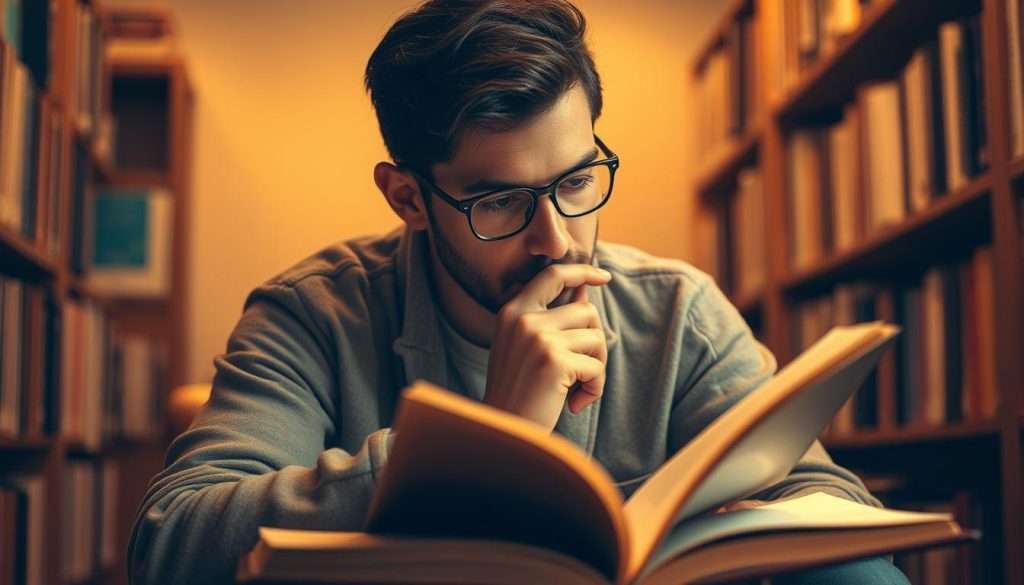 A voracious learner deeply engrossed in a book, sitting in a cozy, well-lit study. Warm lighting casts a soft glow, illuminating the pages as the reader's eyes intently scan the text. The background is hazy, with bookshelves lining the walls, creating a sense of intellectual depth and curiosity. The reader's expression is one of focused concentration, their hand resting pensively on their chin, as they meticulously absorb the knowledge before them. The scene conveys a tranquil, contemplative atmosphere, where the thirst for learning takes center stage.