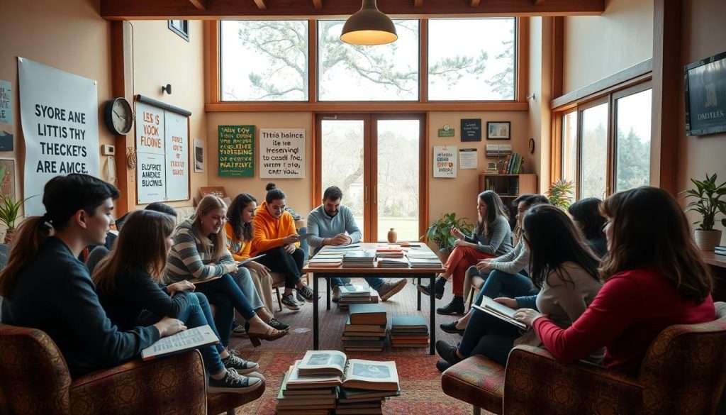 A warm, inviting learning community, where individuals gather in a cozy, well-lit space. In the foreground, a diverse group of learners sit in a circle, engaged in lively discussion, their faces alight with curiosity and collaboration. The middle ground features a central table laden with books, laptops, and various learning materials, creating a sense of shared knowledge and exploration. In the background, large windows flood the space with natural light, fostering an atmosphere of openness and possibility. The walls are adorned with inspirational quotes and colorful artworks, reflecting the vibrant, creative spirit of the community. A sense of camaraderie and mutual support pervades the scene, as the learners support and encourage one another on their educational journeys.