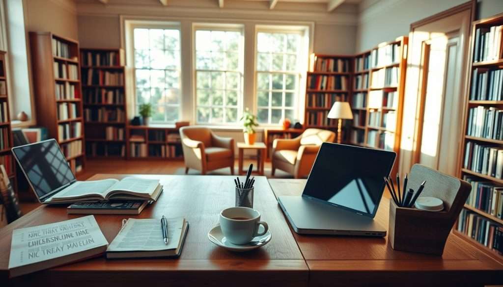 A warm, inviting study space with ample natural light streaming through large windows. In the foreground, a sturdy oak desk is adorned with an array of academic resources - textbooks, a laptop, a cup of coffee, and a pen holder. The middle ground features comfortable armchairs and a small side table, creating a cozy nook for focused study or collaborative work. In the background, floor-to-ceiling bookshelves line the walls, brimming with volumes on diverse academic subjects. The overall atmosphere exudes a sense of intellectual pursuit and scholarly success.