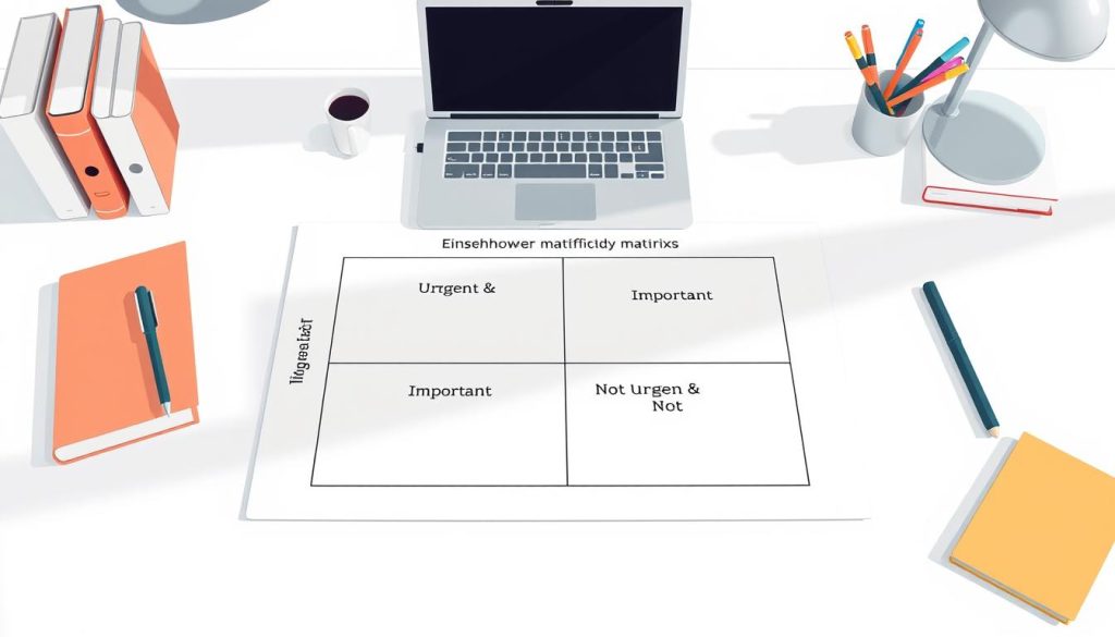 A well-lit, high-resolution illustration showcasing an Eisenhower Matrix for study materials. The matrix is depicted on a clean, minimalist desk setup, with a laptop, some books, and stationery in the background. The matrix itself takes center stage, with four distinct quadrants labeled "Urgent & Important", "Not Urgent & Important", "Urgent & Not Important", and "Not Urgent & Not Important". The overall composition conveys a sense of organization, productivity, and efficient time management, reflecting the "Prioritization Techniques for Efficient Studying" theme. A well-lit, high-resolution illustration showcasing an Eisenhower Matrix for study materials. The matrix is depicted on a clean, minimalist desk setup, with a laptop, some books, and stationery in the background. The matrix itself takes center stage, with four distinct quadrants labeled "Urgent & Important", "Not Urgent & Important", "Urgent & Not Important", and "Not Urgent & Not Important". The overall composition conveys a sense of organization, productivity, and efficient time management, reflecting the "Prioritization Techniques for Efficient Studying" theme.