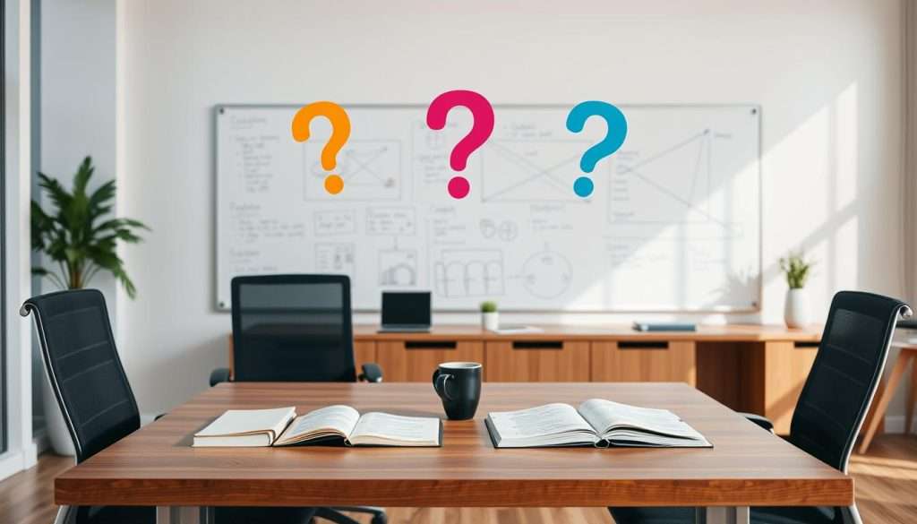 A well-lit, modern office setting with a wooden desk and ergonomic chairs. On the desk, a laptop, a cup of coffee, and several open notebooks. In the background, a large whiteboard with handwritten notes and diagrams. Floating above the scene, a trio of question mark icons in different colors, suggesting the various types of questions - open-ended, closed-ended, and probing. The overall atmosphere is one of thoughtful inquiry and effective communication.