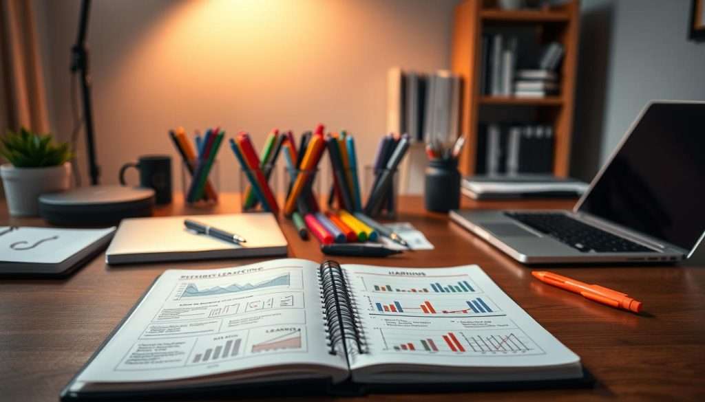 A well-lit, organized desk with a meticulously crafted progress tracking system. In the foreground, a sleek notebook displays neatly organized notes, graphs, and charts, reflecting a deliberate learning journey. In the middle ground, an array of colorful pens, highlighters, and a laptop stand ready to document insights and milestones. The background showcases a minimalist bookshelf, providing a sense of structure and focus. Soft, diffused lighting casts a warm, contemplative glow, evoking a mood of intentional growth and self-reflection.