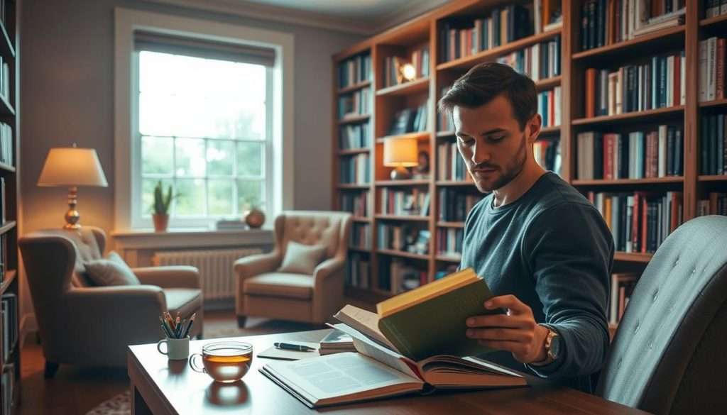A well-lit study nook with a cozy armchair and a desk, bookshelves lining the walls. Soft natural light filters in through a large window, casting a warm glow on the scene. On the desk, an open notebook, a cup of tea, and a few carefully organized pens and pencils. The surroundings convey a sense of focus, productivity, and a love of learning. In the foreground, a person sits engrossed in a book, their expression thoughtful and engaged. The overall atmosphere is one of quiet contemplation and intellectual curiosity.