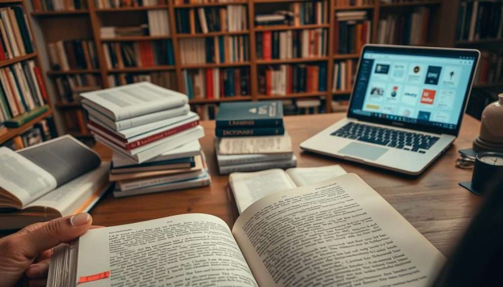 A well-lit study scene with a person immersed in layered reading techniques. In the foreground, an open book with highlighted passages and handwritten notes in the margins. In the middle ground, a stack of reference materials, dictionaries, and a laptop displaying various digital reading apps. In the background, bookshelves filled with diverse volumes, casting a warm, scholarly atmosphere. The lighting is soft and directional, creating depth and emphasizing the layers of information. The camera angle is slightly elevated, giving a bird's-eye view of the reading setup, conveying a sense of focus and deliberation.