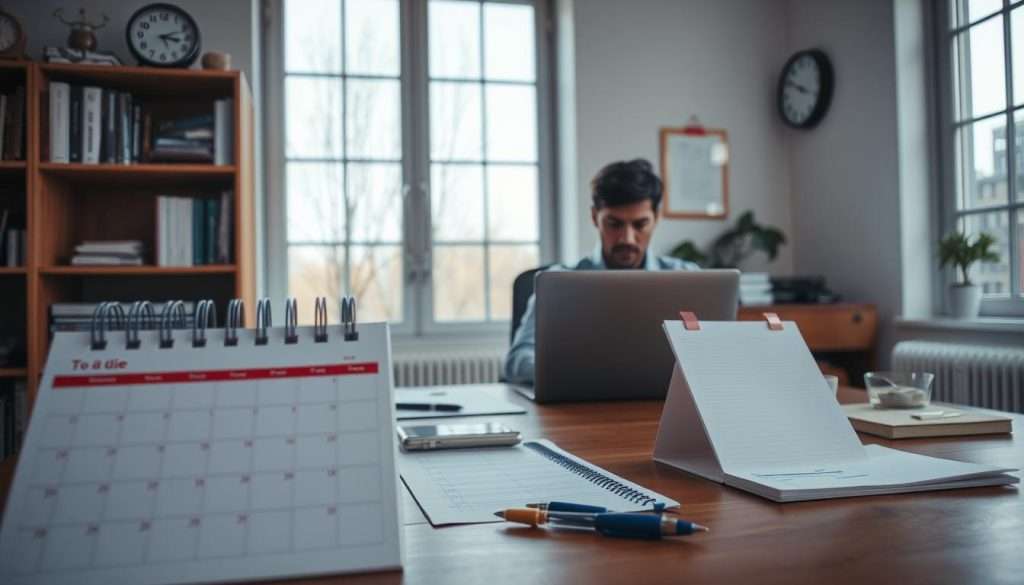 A well-organized office workspace with a wooden desk, a calendar, a to-do list, and a pen. The foreground features a person sitting at the desk, focused on their laptop, surrounded by neatly arranged productivity tools. The middle ground showcases a bookshelf with time management books and a wall clock. The background depicts a large window, allowing natural light to fill the room, creating a calming and focused atmosphere. The scene conveys a sense of efficiency, organization, and a balanced approach to time management.