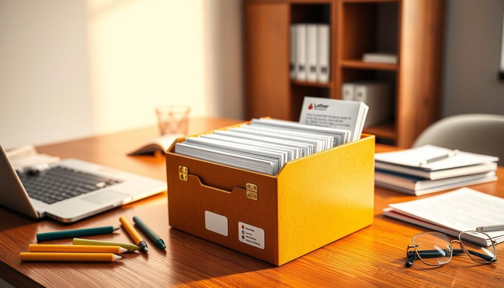A well-organized office workspace with a wooden desk, a laptop, and various study materials. In the foreground, a Leitner box system with customized dividers and flashcards. The box is positioned prominently, illuminated by warm, directional lighting from the side, casting subtle shadows. On the desk, a neatly arranged set of colored pens, highlighters, and a pair of reading glasses, suggesting a personalized study setup. The background features a minimalist, clean-lined bookshelf, hinting at the academic nature of the scene. The overall atmosphere conveys a sense of focused productivity and attention to detail, reflecting the advanced techniques of the Leitner System. A well-organized office workspace with a wooden desk, a laptop, and various study materials. In the foreground, a Leitner box system with customized dividers and flashcards. The box is positioned prominently, illuminated by warm, directional lighting from the side, casting subtle shadows. On the desk, a neatly arranged set of colored pens, highlighters, and a pair of reading glasses, suggesting a personalized study setup. The background features a minimalist, clean-lined bookshelf, hinting at the academic nature of the scene. The overall atmosphere conveys a sense of focused productivity and attention to detail, reflecting the advanced techniques of the Leitner System.
