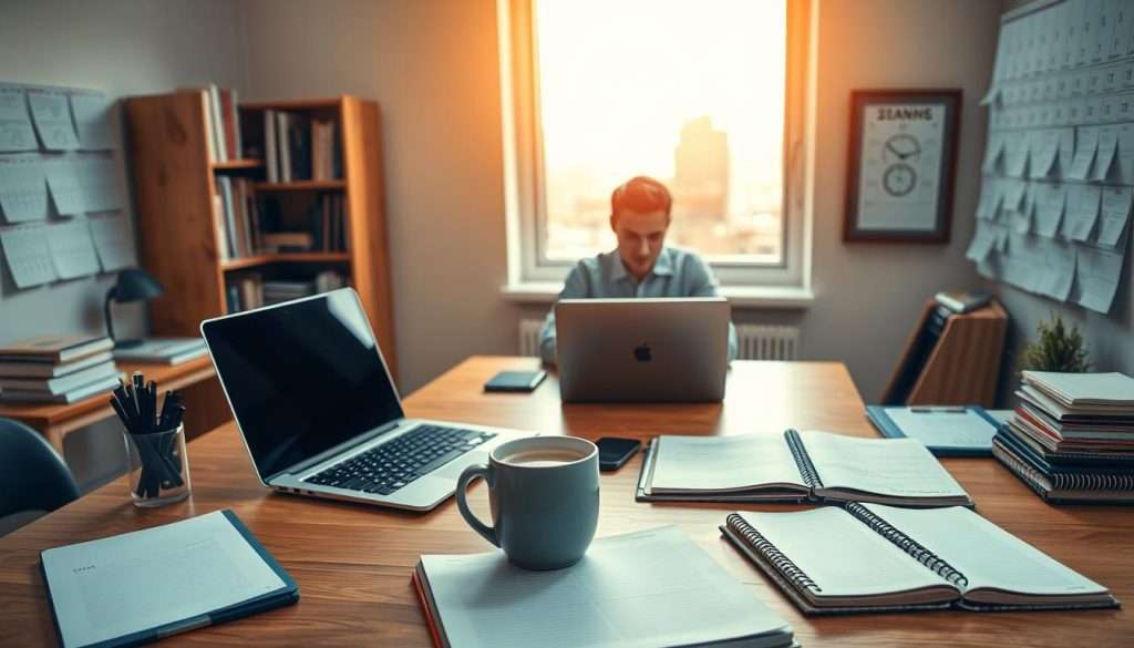 A well-organized workspace with a wooden desk, a laptop, a planner, and a cup of coffee. In the middle ground, a person is sitting at the desk, focused on their studies. The background features a bookshelf, a wall calendar, and a window overlooking a cityscape. The lighting is warm and inviting, creating a productive and calm atmosphere. The overall scene conveys a sense of productivity, time management, and a balanced approach to studying.