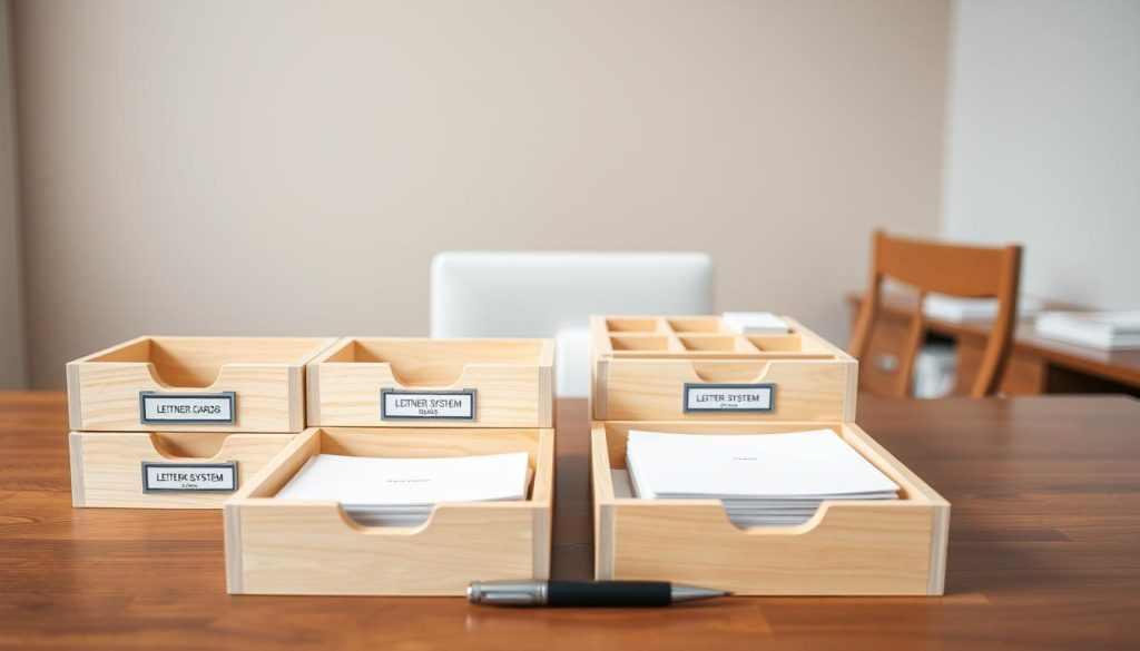 A wooden desktop with a set of neatly organized Leitner System boxes in the foreground. The boxes are made of light-colored wood, with labeled compartments and a distinctive grid-like structure. In the middle ground, a stack of index cards and a pen are placed next to the boxes, suggesting an active study session. The background features a simple, minimalist office environment with a neutral-colored wall, providing a clean and focused setting. The lighting is soft and diffused, creating a warm, productive atmosphere suitable for effective studying and knowledge retention. A wooden desktop with a set of neatly organized Leitner System boxes in the foreground. The boxes are made of light-colored wood, with labeled compartments and a distinctive grid-like structure. In the middle ground, a stack of index cards and a pen are placed next to the boxes, suggesting an active study session. The background features a simple, minimalist office environment with a neutral-colored wall, providing a clean and focused setting. The lighting is soft and diffused, creating a warm, productive atmosphere suitable for effective studying and knowledge retention.