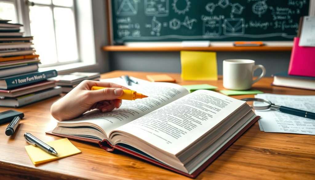 An open book resting on a wooden desk, the pages illuminated by natural light filtering through a window. In the foreground, a student's hand holds a highlighter, carefully tracing lines of text. Surrounding the book, various stationery items - a pen, sticky notes, and a magnifying glass - suggest the tools of close reading. The middle ground features a stack of reference materials and a cup of coffee, hinting at the focused, layered approach to textual analysis. In the background, a chalkboard displays diagrams and equations, connecting the close reading exercise to broader academic contexts. The overall mood is one of intellectual engagement and scholarly discovery.