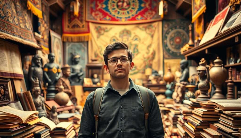 An open-minded learner, their gaze filled with curiosity, stands amidst a diverse array of books, scrolls, and artifacts. The lighting is warm and inviting, casting a soft glow upon their contemplative expression. In the background, a kaleidoscope of cultures and traditions unfolds, with tapestries, sculptures, and other worldly objects reflecting a global perspective. The learner's pose is relaxed yet engaged, their body language open and receptive, ready to embrace new ideas and explore different viewpoints. A sense of wonder and intellectual flexibility permeates the scene, capturing the essence of an individual who is eager to expand their understanding of the world.