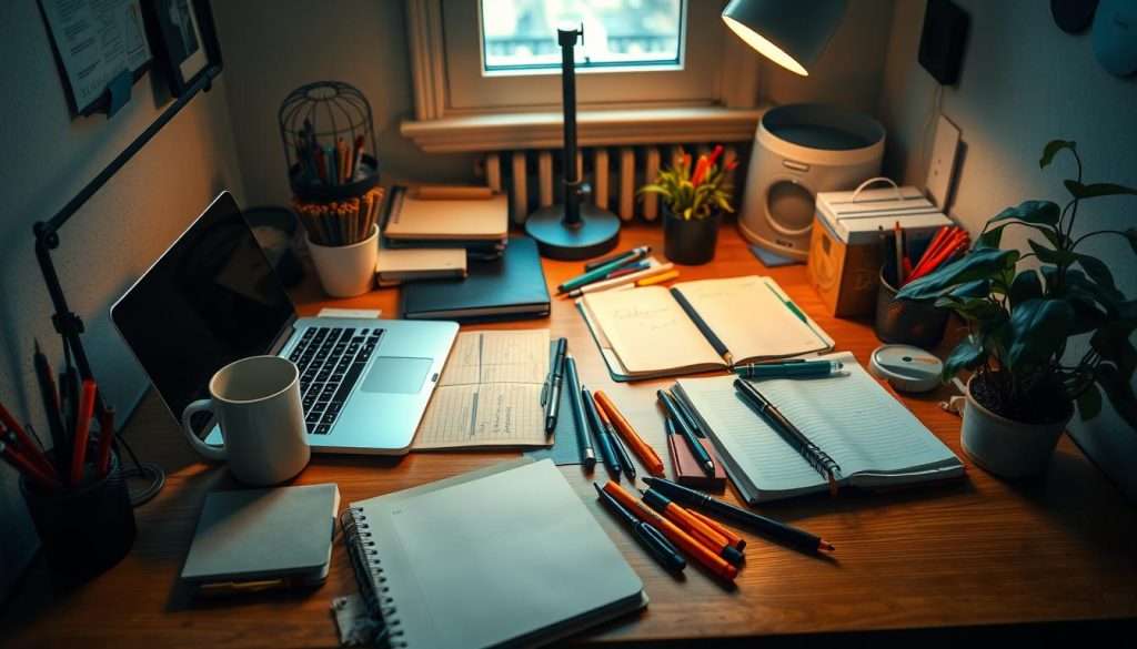 a cozy study nook with a cluttered desk, various productivity tools laid out in an organized manner - a laptop, coffee mug, notebooks, pens, highlighters, a desk lamp casting a warm glow, and a potted plant adding a touch of nature. The scene is captured in a slightly angled view, creating a sense of depth and inviting the viewer to imagine themselves in this productive setting. The overall mood is one of focus, efficiency, and calm.