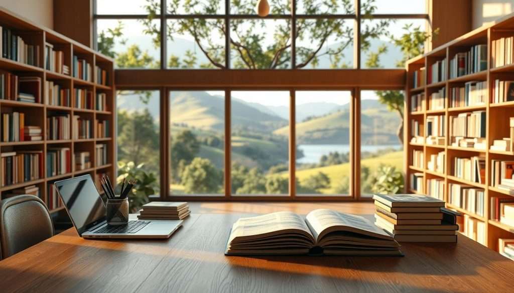a highly detailed, realistic 3D rendered image of a personal learning ecosystem. the foreground features a wooden desk with a laptop, books, and various stationery items. in the middle ground, there are bookshelves lining the walls, filled with a diverse range of books and learning materials. the background showcases an expansive window overlooking a lush, verdant landscape with rolling hills and a serene body of water. the lighting is warm and natural, creating a cozy, inviting atmosphere. the overall composition emphasizes the interconnectedness of different learning resources and the harmony between the physical and digital elements of a personalized learning environment.