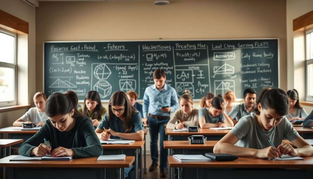 A classroom scene, well-lit with soft natural light filtering through large windows. In the foreground, a group of students intently focused on their exams, their faces reflecting a mix of determination and concentration. Their desks are neatly arranged, with sharpened pencils, textbooks, and calculators at the ready. In the middle ground, the teacher, a nurturing presence, walks between the rows, providing guidance and support. The background features a blackboard or whiteboard displaying formulas, diagrams, and encouraging notes, creating a scholarly atmosphere. The overall scene conveys a sense of academic diligence, discipline, and the pursuit of knowledge.