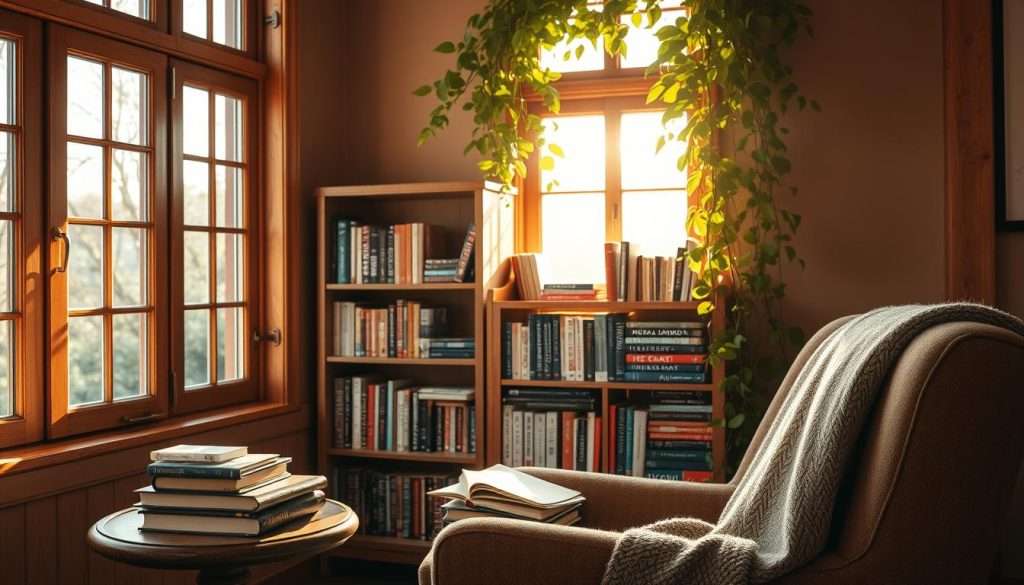 A cozy reading nook, bathed in warm natural light streaming through large windows. In the foreground, an inviting armchair with plush upholstery and a comfy throw blanket, positioned next to a wooden side table holding a stack of beloved books. The middle ground showcases a small bookshelf, its shelves filled with a diverse collection of genres, from classic literature to the latest bestsellers. In the background, a lush, verdant plant cascades over the shelf, adding a touch of life and vitality to the serene scene. The overall mood is one of relaxation, introspection, and a sense of personal growth through the power of the written word.