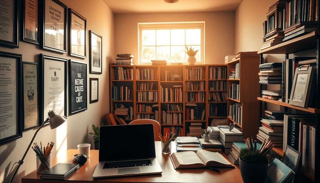 A cozy study nook, bathed in warm, soft lighting. In the foreground, a well-organized desk with a laptop, open notebooks, and an array of stationery supplies. Framed academic certificates and motivational quotes adorn the walls, creating an atmosphere of diligence and focus. In the middle ground, a sturdy bookshelf overflowing with textbooks and reference materials, suggesting a wealth of knowledge. The background features a large window, allowing natural light to filter in and illuminate the space, instilling a sense of serenity. The overall scene conveys a harmonious balance between study, organization, and a nurturing environment conducive to academic success.