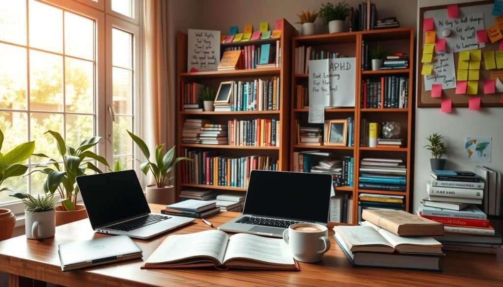 A cozy study space filled with academic support resources for ADHD students. In the foreground, a wooden desk with a laptop, books, and a cup of coffee. On the walls, colorful sticky notes and a bulletin board with inspirational quotes and strategies for learning. In the middle ground, bookshelves stocked with self-help guides, ADHD-friendly textbooks, and organizational tools. The background features a large window overlooking a peaceful garden, bathed in warm, natural light. The overall atmosphere is one of focus, productivity, and a sense of empowerment for the ADHD learner.