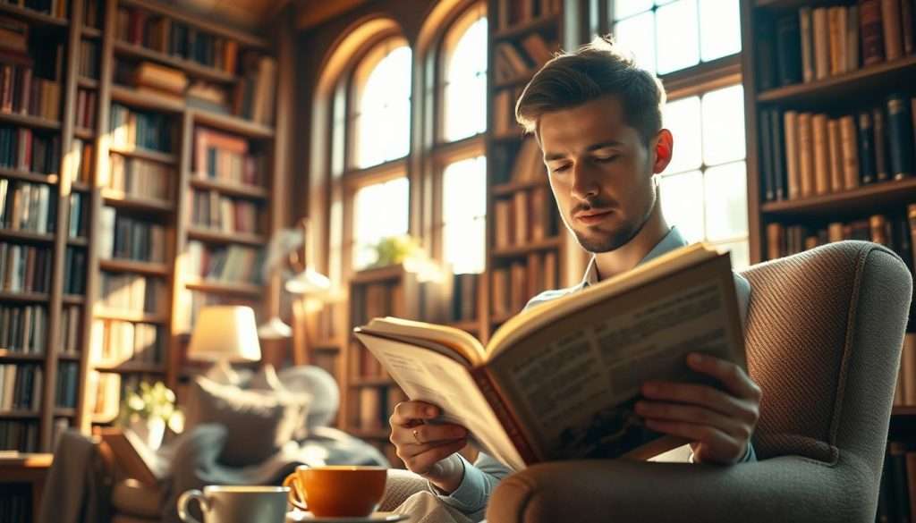 A cozy study with warm lighting, filled with towering bookshelves. In the foreground, a comfortable armchair invites the reader to settle in, a cup of tea steaming nearby. Sunlight filters through large windows, casting a golden glow. The reader, deeply absorbed in the pages of a captivating book, is the focal point, their expression one of tranquility and intellectual engagement. The background is softly blurred, emphasizing the reader's immersion in the world of literature. The overall scene conveys a sense of quiet contemplation and the transformative power of reading.