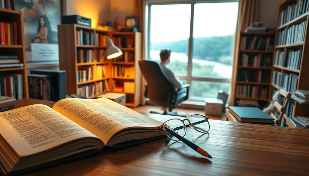 A cozy, well-lit study space filled with academic tools and materials. In the foreground, an open book, a pen, and a pair of reading glasses rest on a wooden desk. In the middle ground, a student sits comfortably in an ergonomic chair, deep in thought, surrounded by bookshelves stocked with textbooks and reference materials. Soft, warm lighting from a desk lamp creates a focused, contemplative atmosphere. The background features a large window overlooking a peaceful, natural landscape, providing a serene backdrop for the scene. The overall image conveys a sense of productive, yet relaxed, academic focus.