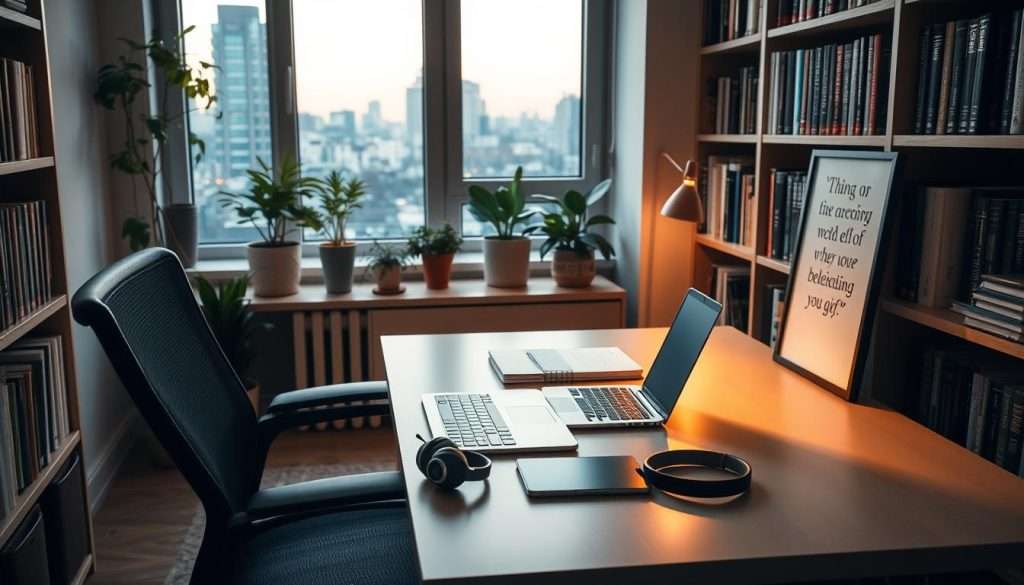 A cozy, well-lit study space with an ergonomic desk and chair. On the desk, an open laptop, a stylish tablet, and a pair of sleek noise-cancelling headphones. Bookshelves line the walls, filled with reference materials and academic tomes. Soft, warm lighting casts a gentle glow, creating a focused and productive atmosphere. The room is accented with potted plants and a framed inspirational quote, fostering a sense of balance and mindfulness. Through the window, a cityscape in the background, hinting at the wider world beyond the study. The overall scene conveys a harmonious blend of traditional and modern study habits supported by technology.